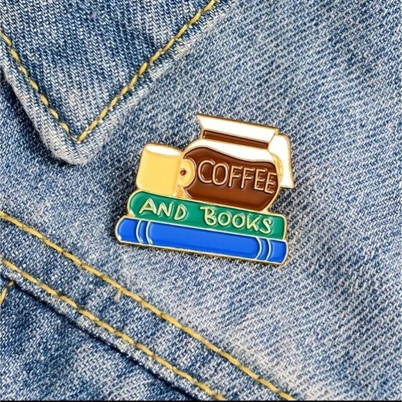 COFFEE and books metal enamel resin pin teacher gift - Picture 1 of 4